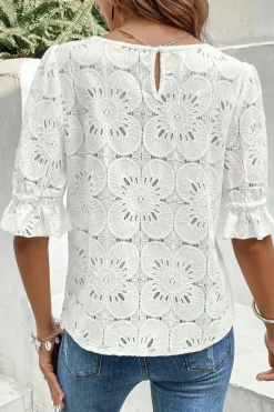 Fashion Dear-Lover Flower Eyelet Jacquard Keyhole Flounce Sleeve Top White