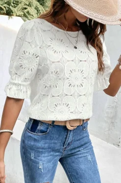 Fashion Dear-Lover Flower Eyelet Jacquard Keyhole Flounce Sleeve Top White
