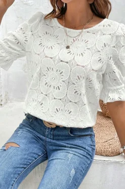 Fashion Dear-Lover Flower Eyelet Jacquard Keyhole Flounce Sleeve Top White