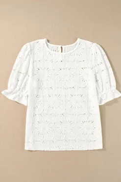 Fashion Dear-Lover Flower Eyelet Jacquard Keyhole Flounce Sleeve Top White