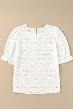 Fashion Dear-Lover Flower Eyelet Jacquard Keyhole Flounce Sleeve Top White