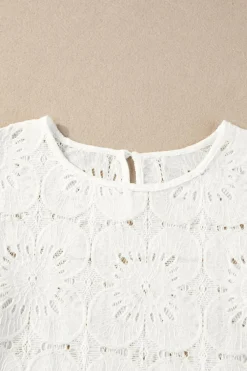 Fashion Dear-Lover Flower Eyelet Jacquard Keyhole Flounce Sleeve Top White