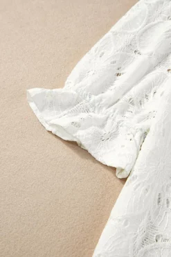 Fashion Dear-Lover Flower Eyelet Jacquard Keyhole Flounce Sleeve Top White