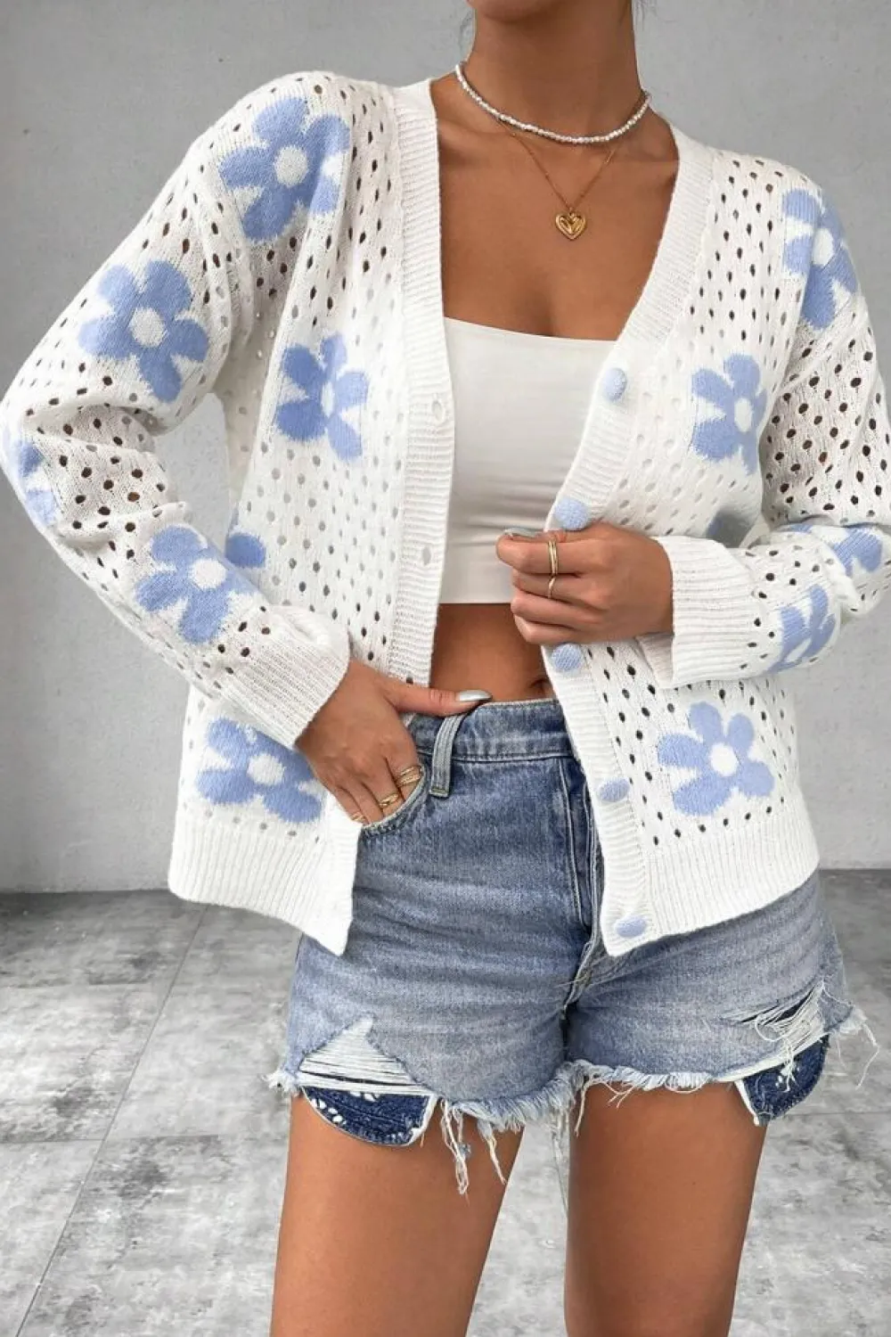 Clearance Dear-Lover Flower Knit Hollow Out Open Short Cardigan White