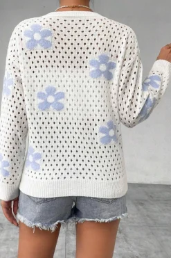 Clearance Dear-Lover Flower Knit Hollow Out Open Short Cardigan White