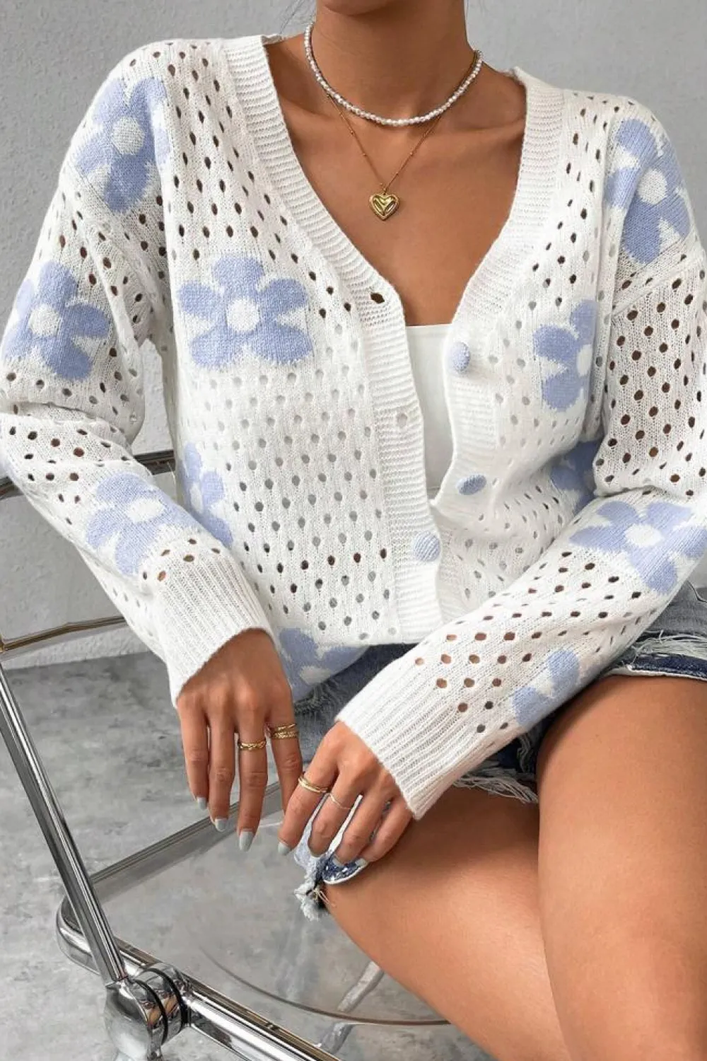 Clearance Dear-Lover Flower Knit Hollow Out Open Short Cardigan White
