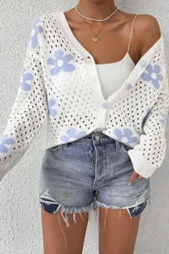 Clearance Dear-Lover Flower Knit Hollow Out Open Short Cardigan White