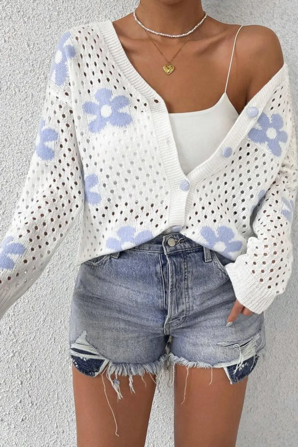 Clearance Dear-Lover Flower Knit Hollow Out Open Short Cardigan White
