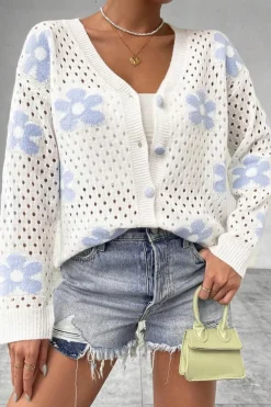Clearance Dear-Lover Flower Knit Hollow Out Open Short Cardigan White