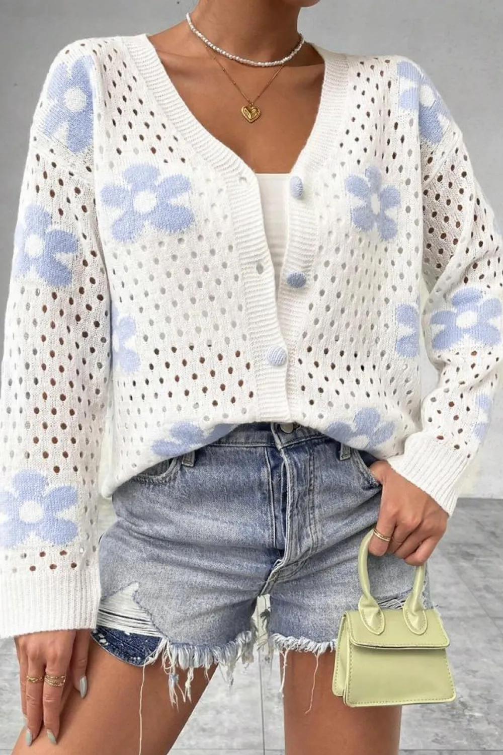 Clearance Dear-Lover Flower Knit Hollow Out Open Short Cardigan White