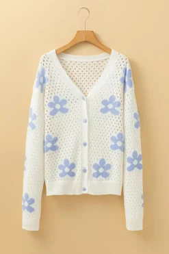Clearance Dear-Lover Flower Knit Hollow Out Open Short Cardigan White