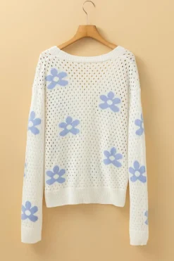 Clearance Dear-Lover Flower Knit Hollow Out Open Short Cardigan White