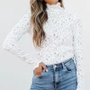 New Dear-Lover Flower Lace See Through Mock Neck Long Sleeve Top White