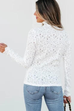 New Dear-Lover Flower Lace See Through Mock Neck Long Sleeve Top White