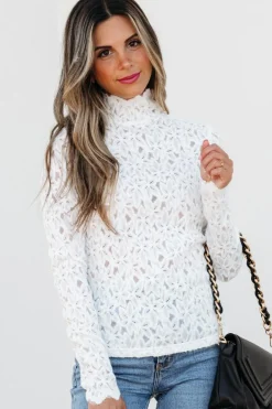 New Dear-Lover Flower Lace See Through Mock Neck Long Sleeve Top White