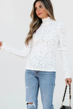 New Dear-Lover Flower Lace See Through Mock Neck Long Sleeve Top White