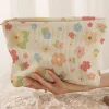 Fashion Dear-Lover Flower Leaves Print Zipper Corduroy Makeup Bag White