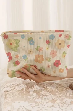 Fashion Dear-Lover Flower Leaves Print Zipper Corduroy Makeup Bag White