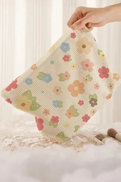 Fashion Dear-Lover Flower Leaves Print Zipper Corduroy Makeup Bag White