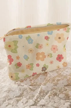 Fashion Dear-Lover Flower Leaves Print Zipper Corduroy Makeup Bag White