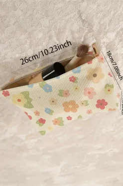 Fashion Dear-Lover Flower Leaves Print Zipper Corduroy Makeup Bag White