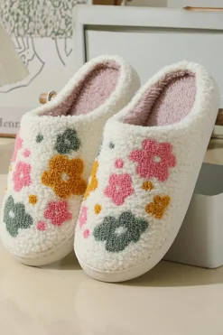 Hot Dear-Lover Flower Pattern Slip On Plush Home Slippers White