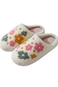 Hot Dear-Lover Flower Pattern Slip On Plush Home Slippers White