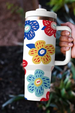 Best Dear-Lover Flower Pattern Stainless Vacuum Cup with Handle 40oz White