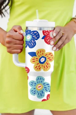 Best Dear-Lover Flower Pattern Stainless Vacuum Cup with Handle 40oz White
