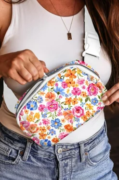 Fashion Dear-Lover Flower Print Buckle Wide Strap Crossbody Bag White