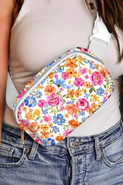 Fashion Dear-Lover Flower Print Buckle Wide Strap Crossbody Bag White