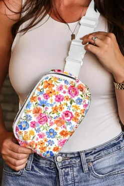 Fashion Dear-Lover Flower Print Buckle Wide Strap Crossbody Bag White