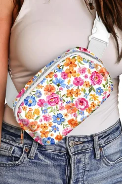 Fashion Dear-Lover Flower Print Buckle Wide Strap Crossbody Bag White