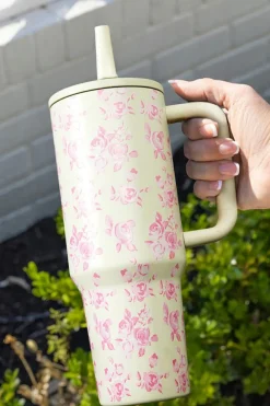 New Dear-Lover Flower Print Handle Insulated Large Tumbler 40oz White