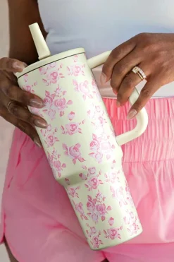New Dear-Lover Flower Print Handle Insulated Large Tumbler 40oz White