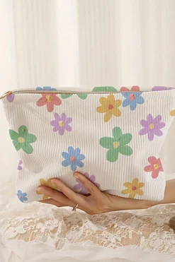 New Dear-Lover Flower Print Rib Textured Large Cosmetic Bag White