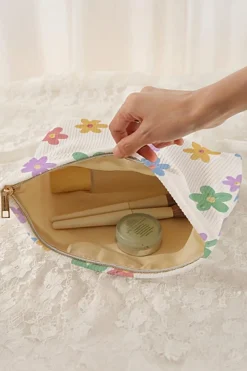 New Dear-Lover Flower Print Rib Textured Large Cosmetic Bag White