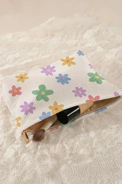 New Dear-Lover Flower Print Rib Textured Large Cosmetic Bag White