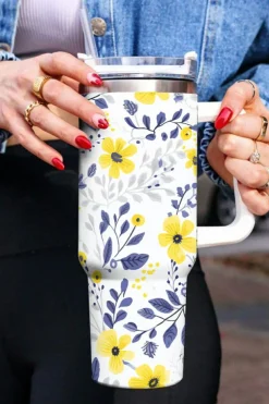 New Dear-Lover Flower Print Stainless Handled Large Tumbler 40oz White