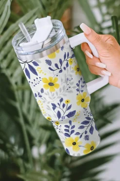 New Dear-Lover Flower Print Stainless Handled Large Tumbler 40oz White