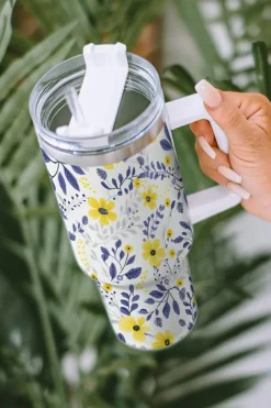 New Dear-Lover Flower Print Stainless Handled Large Tumbler 40oz White