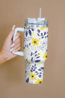 New Dear-Lover Flower Print Stainless Handled Large Tumbler 40oz White