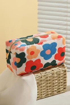 Outlet Dear-Lover Flower Print Zipper Square Corduroy Cosmetic Bag White