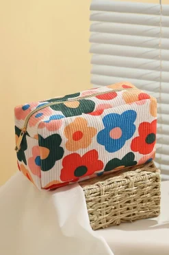 Outlet Dear-Lover Flower Print Zipper Square Corduroy Cosmetic Bag White