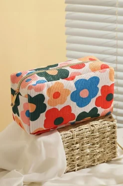 Outlet Dear-Lover Flower Print Zipper Square Corduroy Cosmetic Bag White