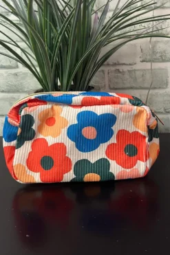 Outlet Dear-Lover Flower Print Zipper Square Corduroy Cosmetic Bag White