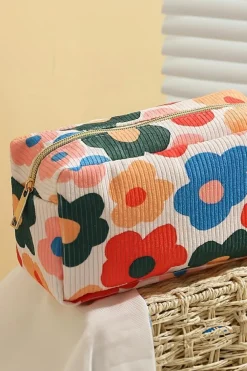 Outlet Dear-Lover Flower Print Zipper Square Corduroy Cosmetic Bag White