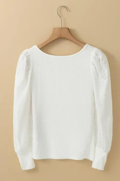 Hot Dear-Lover Flower Puff Sleeve Ribbed Knit Top White