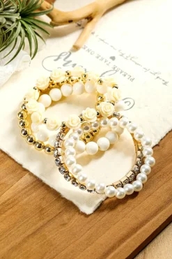 New Dear-Lover Flower Rhinestone Beaded Multi Layer Bracelet Set White
