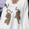Best Dear-Lover Frayed Sequin Tiger Sweater White